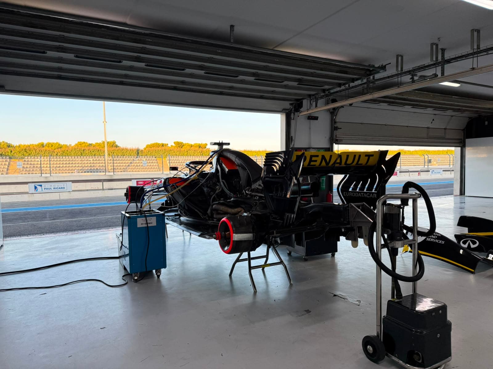 Renault F1 car in the pit garage at Circuit Paul Ricard